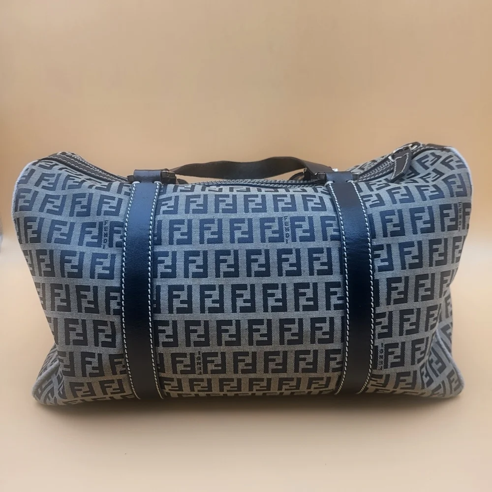 FENDI Zucchino FF Canvas Leather Boston 30 HandBag Navy..Authentic...W/COA.